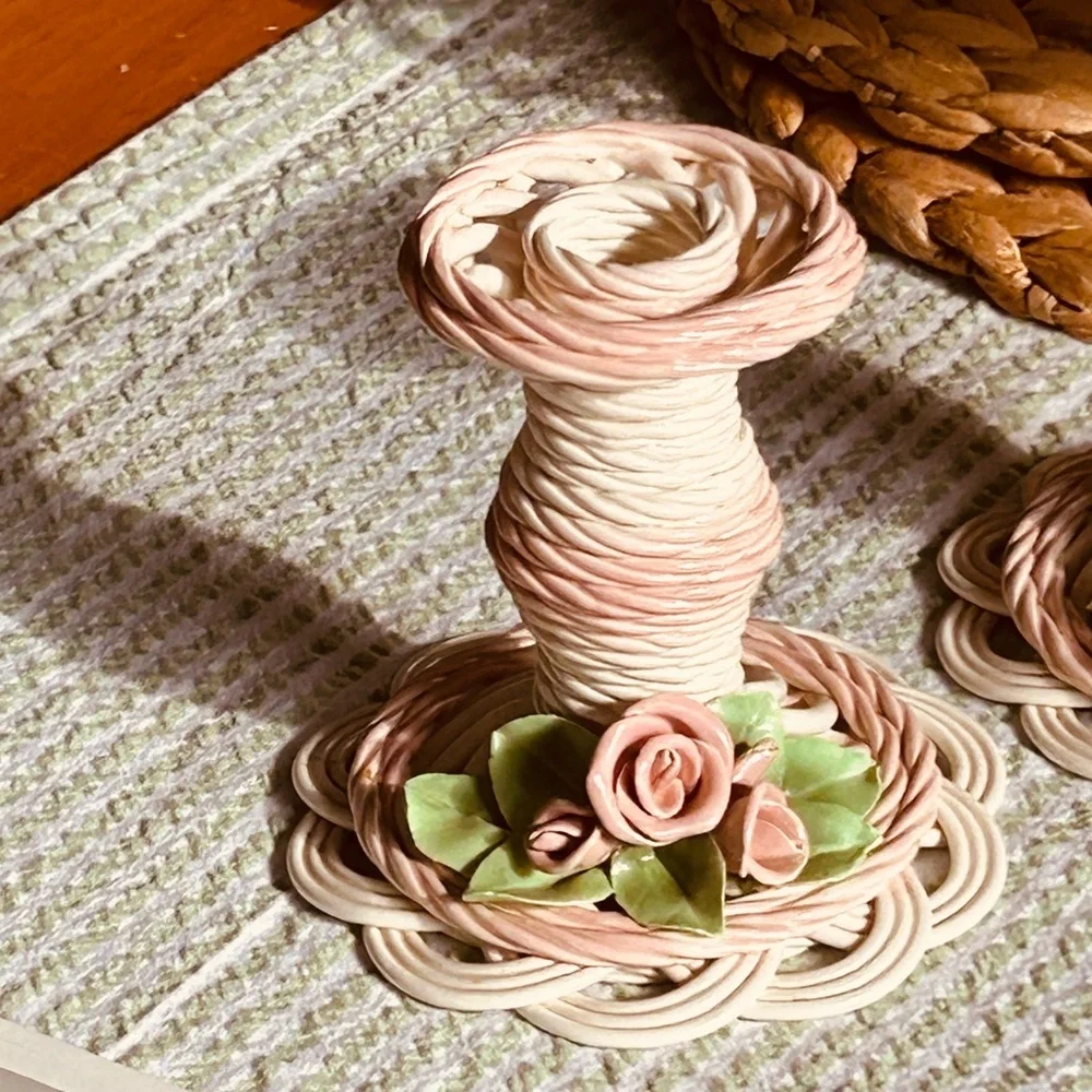 Whimsical Candlesticks Pair of 2 Rose Adorned Cream Pink 1991 Belleek Bev Sparks